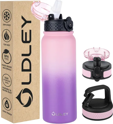 Vista 14 de Botella de agua aislada Oldley de 12 oz con pajita, botella de agua de acero inoxidable con 2 tapas, botellas de doble pared con vacío para adultos