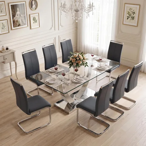 Vista 43 de Juego de mesa de comedor blanca para 6, 71 pulgadas, juego de mesa de comedor de mármol sintético para 6 Modern Dining Table Set for 6, Black PU