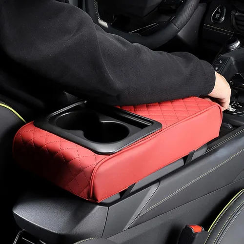 Vista 5 de Funda para consola central de coche, de cuero de microfibra con 2 portavasos, accesorios interiores universales para automóvil, negro