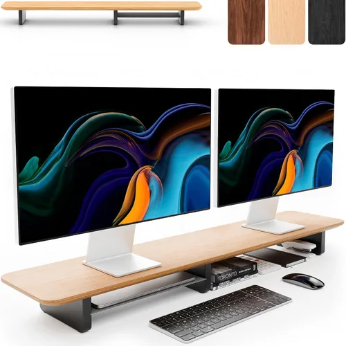 Vista 10 de KIVY Elevador de monitor doble con estante de metal integrado [hecho a mano], estante de escritorio de madera para 2 monitores, soporte largo ancho