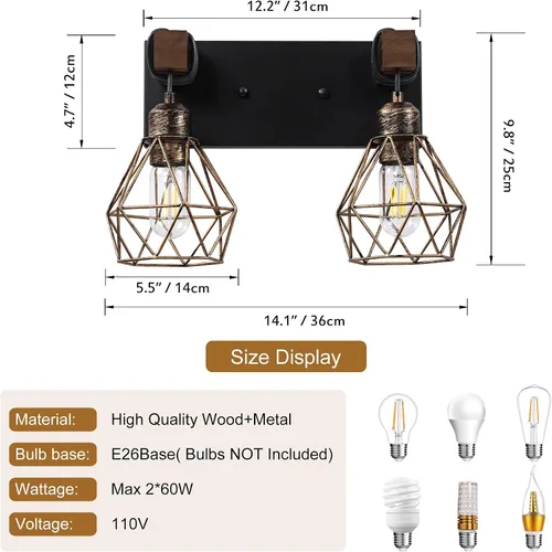 Vista 4 de Lámpara de tocador estilo casa de campo para baño, luminarias de tocador de baño de 2 luces negra dorada de madera sobre espejo, apliques rústicos