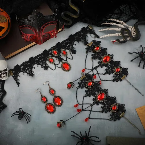 Vista 4 de Libima Juego de 5 piezas de accesorios góticos de vampiro de Halloween, máscara de mascarada, collar y pulsera de encaje gótico