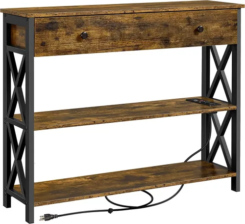 Vista 12 de Topeakmart Mesa consola de 40 pulgadas con 2 salidas y 2 puertos USB, mesa de entrada extra larga con cajón y diseño en forma de X, mesa de sofá Gris