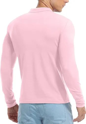 Vista 5 de KUYIGO Camisas polo casuales de manga larga para hombre, cuello mandarín, ajuste delgado, tops de algodón a la moda