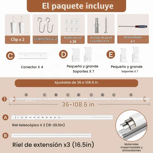 Vista 7 de AIZESI Riel de cortina de aluminio resistente para montaje en pared de techo deslizante con ganchos, ojal de longitud ajustable de 3 pies / cortina