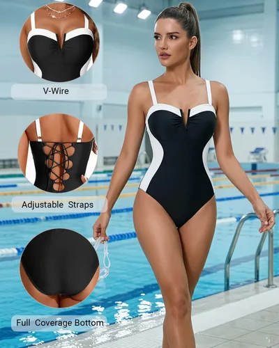 Vista 3 de Daci Women's Tummy Control One Piece Bathing Suit Negro y blanco