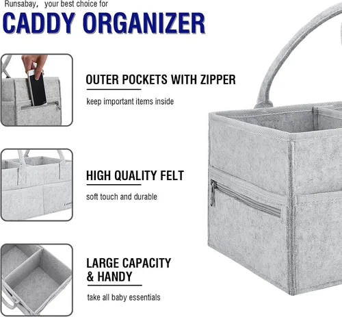 Vista 2 de Runsabay. Cesta para guardería - Organizador de pañales para bebé para cambiador - Porta pañales portátil con asa - Organizador para auto