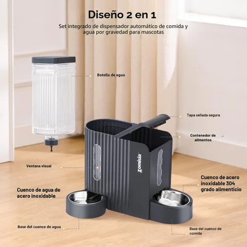 Vista 2 de ZOMISIA Alimentador de gravedad para gatos y dispensador de agua con cuencos de acero inoxidable 304, alimentador automático 2 en 1 para gatos