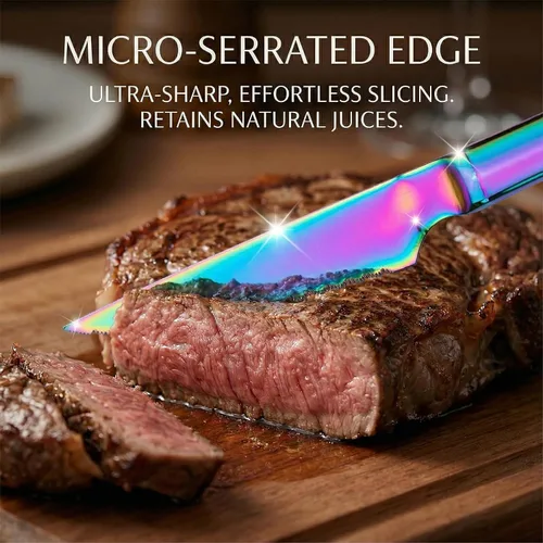 Vista 8 de Paquete de 6 cuchillos de carne de acero inoxidable arcoíris, iridiscentes dentados afilados para mesa de cocina