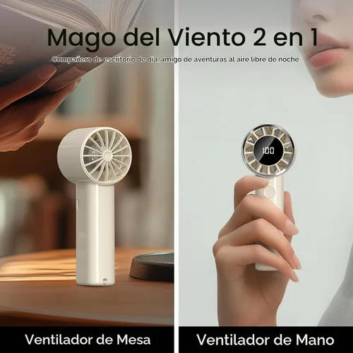 Vista 3 de Ventilador de mano portátil, mini ventilador personal ajustable de 100 velocidades, funciona con batería recargable USB-C de 3000 mAh, pantalla Beige
