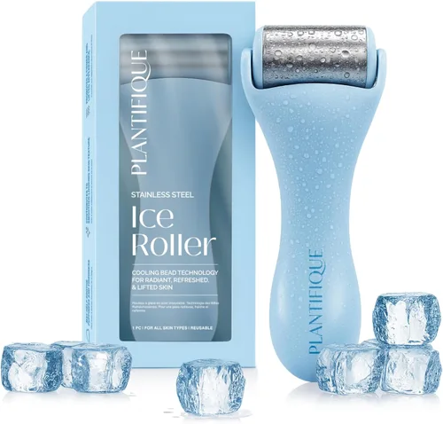 Vista 9 de PLANTIFIQUE Juego de Rodillo Facial de Hielo y Gua Sha de Acero Inoxidable - Herramientas de Masaje para Cuidado de la Piel con Crioterapia - Juego