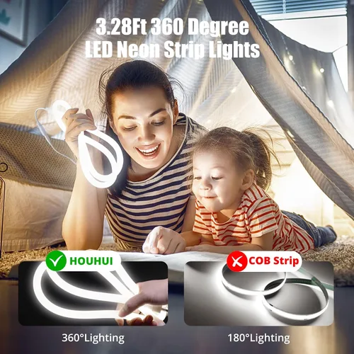 Vista 3 de Cuerda de luz LED de neón de 360°, tubo redondo de 3.28 pies, 6500 K, tira de luces LED blancas de iluminación de 360 grados, IP65, impermeable