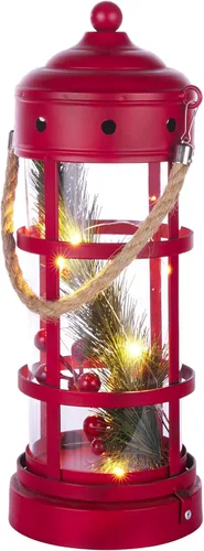 Vista 9 de Alpine Corporation Farol de Navidad de metal y vidrio de 13 pulgadas de alto con 8 luces LED blancas cálidas, temporizador integrado, decoración Rojo