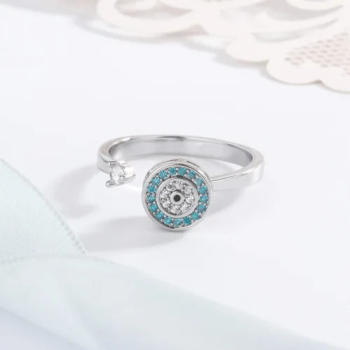 Vista 2 de Anillos giratorios de ojo del diablo, anillo de plata esterlina S925 para mujer, anillos abiertos ajustables