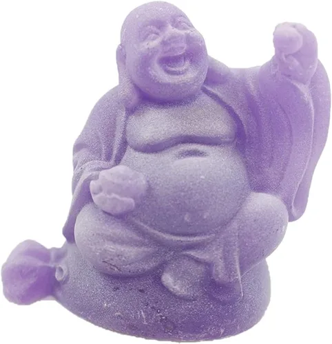 Vista 4 de Feng Shui - Juego de 6 figuras de Buda moradas de 3 pulgadas, color marfil, con cara feliz que brilla en la oscuridad, estatua de cristal verde