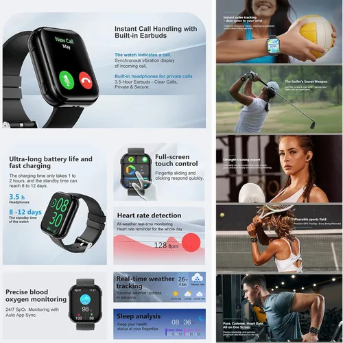 Vista 3 de Tuanzi Reloj inteligente T1 2 en 1 con auriculares inalámbricos 1.8 pulgadas HD Fitness Tracker con monitor de frecuencia cardíaca 19 modos
