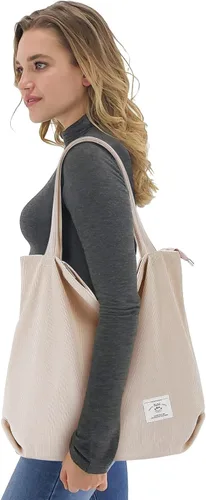 Vista 3 de KALIDI Bolsa Tote de Pana para Mujer con Cremallera Bolsa de Mano Casual Tote Bolsa de Hombro de Gran Capacidad con Bolsillos 1 negro y 1 blanco.