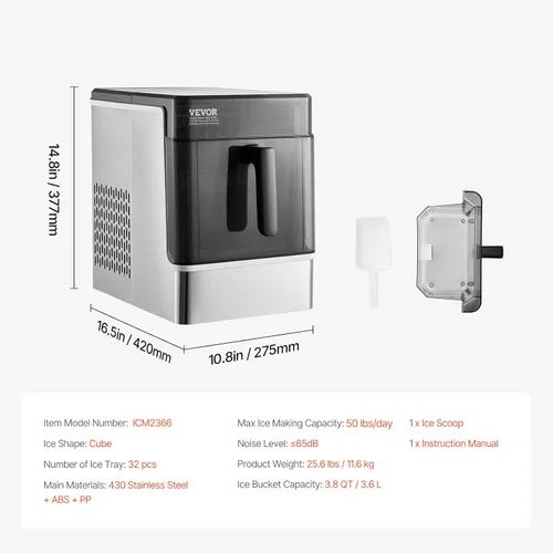 Vista 7 de VEVOR Encimera para hacer cubitos de hielo, 32 cubos listos en 15 minutos, máquina de hielo portátil autolimpiante de 50 libras/24 horas