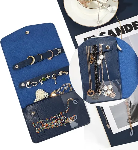 Vista 7 de Fumwase Estuche organizador de joyas de viaje de piel sintética, portátil, bolsa de almacenamiento para aretes, anillos, collares, pulseras, azul