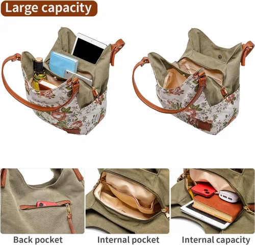 Vista 4 de Worldlyda Women Canvas Hobo Purse Multi Pocket Tote Shopper Shoulder Bag Casual Top Handle handbag with Embroidery Ethnic