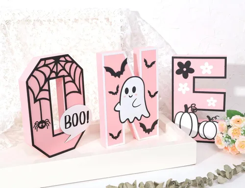 Vista 8 de Letrero de madera de Halloween One – Decoración de mesa de centro de mesa de madera rosa de Halloween, decoraciones de Halloween para interiores