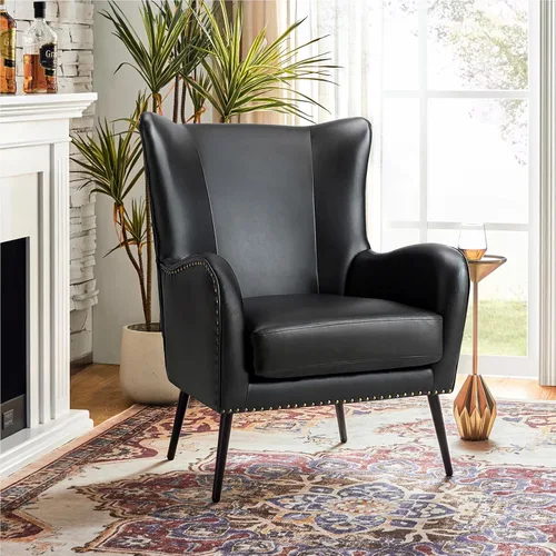 Vista 22 de HULALA HOME Silla decorativa de piel sintética con cojín extraíble, cómodo sillón tapizado con patas de metal negro y ribete de cabeza de clavo
