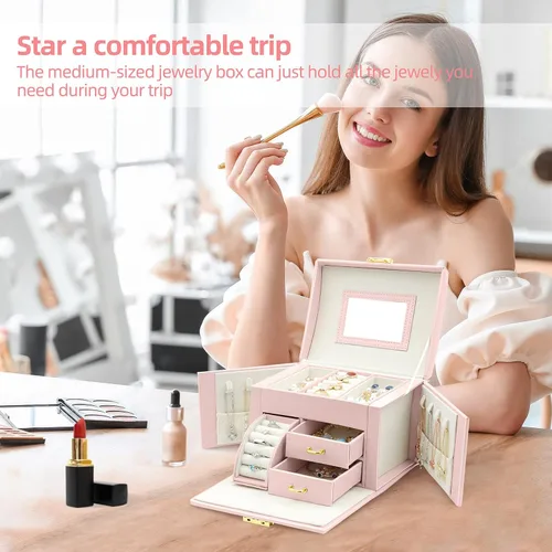 Vista 5 de MUEUSS Caja organizadora de joyas para niñas y mujeres, regalo ideal, joyero portátil de viaje con espejo y cerradura para collar, aretes, anillos