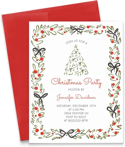 Vista 9 de Invitaciones de Navidad elegantes personalizadas con sobres, tarjetas de invitación de fiesta de cóctel de Navidad, rojo y verde, invitaciones