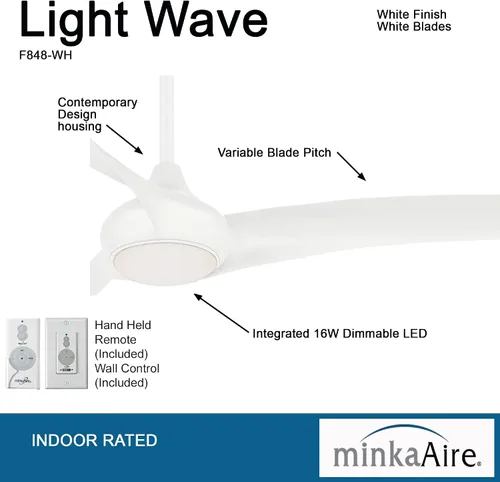 Vista 2 de Minka-Aire Ventilador de techo F848-WH Light Wave de 65 pulgadas, acabado blanco con control remoto y control de pared adicional