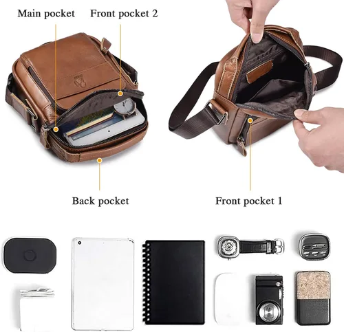 Vista 5 de BAIGIO Bolso de mensajero pequeño de cuero genuino para hombre, bolso de hombro para Ipad, bolso cruzado para hombre, bolso de viaje de negocios