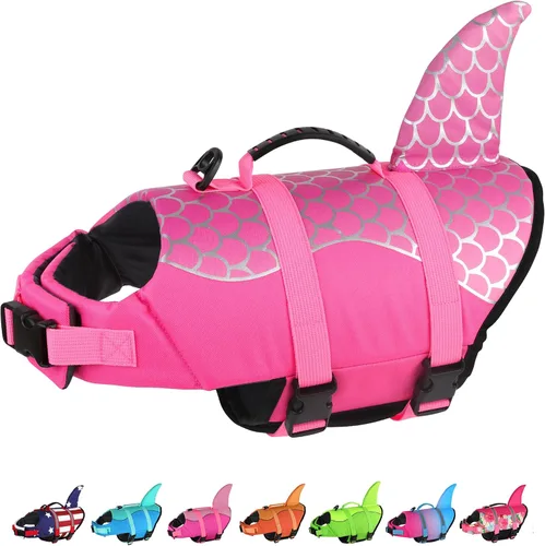 Vista 10 de Dogcheer - Chaleco salvavidas para perros, lindo diseño de tiburón para natación y navegación con flotabilidad superior y asa de rescate, chaleco