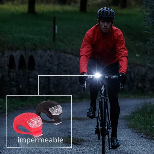 Vista 8 de Paquete de 8 luces de bicicleta, juego de luces LED de silicona para bicicleta, 4 faros delanteros de bicicleta y 4 luces traseras (rojo y blanco)