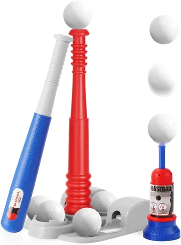 Vista 8 de KIZJORYA Juego de pelota en T, juego de pelota para niños de 3 a 5 años con 6 pelotas de béisbol grandes y máquina de lanzamiento automática y bate