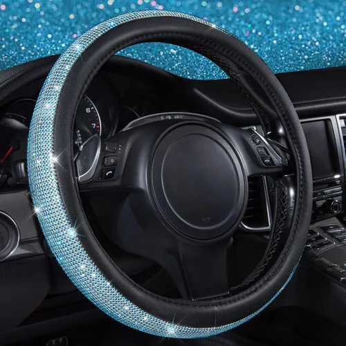 Vista 23 de CAR PASS Funda para volante de cuero beige con diamantes brillantes, cristales blancos brillantes con purpurina y pedrería, ajuste universal de 14