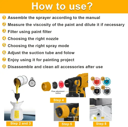 Vista 7 de Pulverizador de pintura inalámbrico para batería Dewalt de 20 V (batería no incluida), pistola de pintura eléctrica con 4 boquillas de cobre y 3