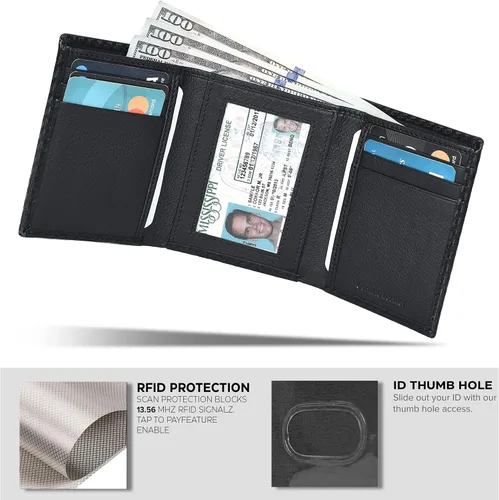 Vista 5 de Real Leather Trifold Wallet For Men - Slim Ultra Thin Tri Fold Front Pocket Minimalist Credit Card Holder ID Window Gift Men