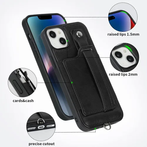 Vista 5 de TOOVREN Funda para teléfono compatible con iPhone 14 Plus, compatible con iPhone 14 Plus, funda con correa para tarjetero, cordón de cuero para Negro