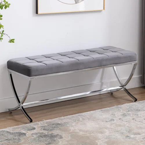 Vista 10 de DUOMAY Moderno banco otomano copetudo, banco de comedor tapizado de piel sintética, reposapiés con botones y patas de metal, 45.75 pulgadas de ancho