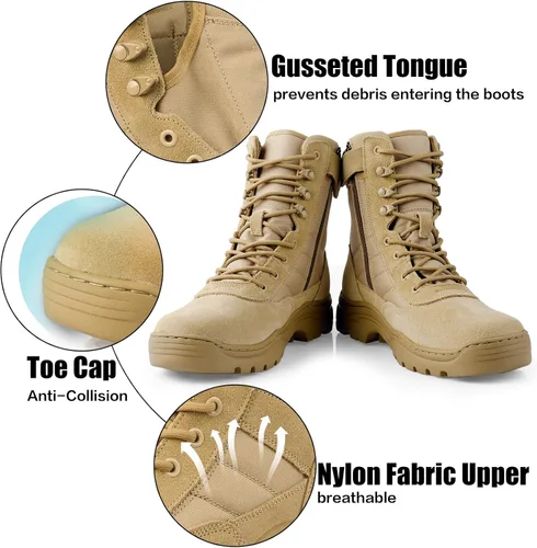 Vista 6 de QUNLON Botas militares tácticas para hombre, con cremallera lateral, ligeras, 8 pulgadas, botas de motocicleta de combate militar para trabajo