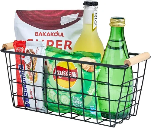 Vista 6 de Cestas colgantes de metal negro con asa, organizador de almacenamiento de pared de alambre con ganchos, cestas adhesivas para cocina, baño