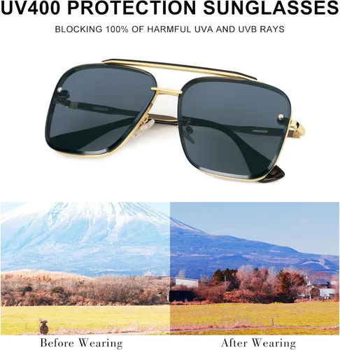 Vista 4 de Aviator Sunglasses for Women Men Retro Double Bridge Square Metal Frame Twin Beams Mirrored Shades