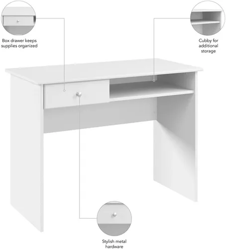 Vista 6 de Bush Home Cabot - Escritorio pequeño de 40 W con cajón y estante en color blanco, mesa de trabajo compacta para oficina en casa o sala de estar