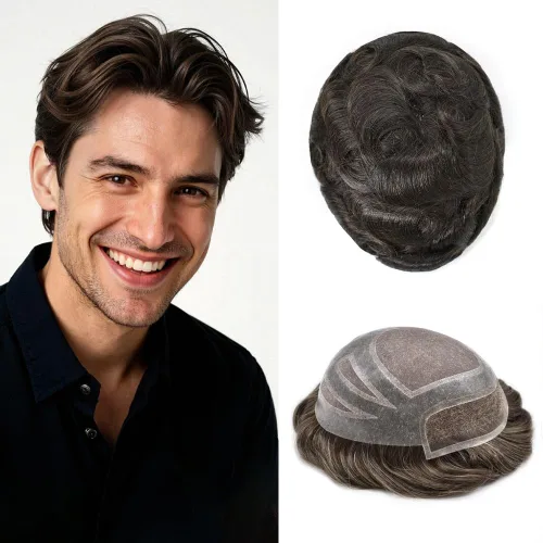 Vista 35 de Toupee - Piezas de pelo para hombres, cabello humano real, sistema de reemplazo de cabello francés, encaje francés, extensiones de cabello