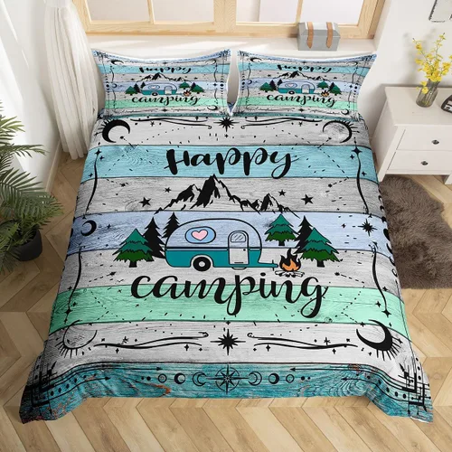 Vista 22 de Erosebridal Juego de funda de edredón de cabaña de cabaña, ropa de cama individual para niños, funda de edredón de campamento feliz, ropa de cama