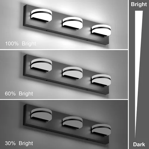 Vista 3 de Aipsun Lámpara de tocador negra moderna regulable, luz LED acrílica, 3 luces de pared de baño (luz blanca, 6000 K)