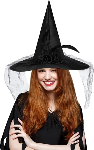 Vista 14 de Zando Sombreros de bruja de encaje para mujer, accesorios de disfraz de Halloween, accesorios de disfraz de bruja plegables para colgar