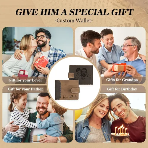 Vista 7 de Billeteras personalizadas para hombres, para papá, regalos para padres, foto delgada, tarjetero, piel sintética, grabada, imagen de cumpleaños