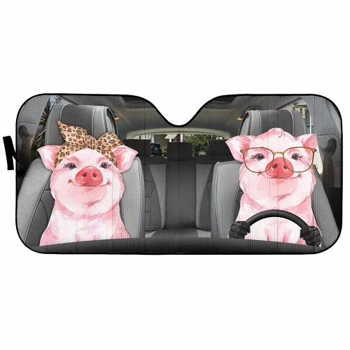 Vista 3 de Parasol para parabrisas de automóvil con diseño de pareja de cerdos, bloques de protección solar plegable para mascotas, protección solar contra
