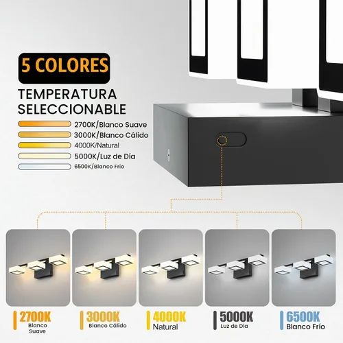 Vista 3 de Lámparas LED modernas para baño, 3 luces regulables con 5 modos de color, accesorios de iluminación de pared de baño acrílico negro mate sobre