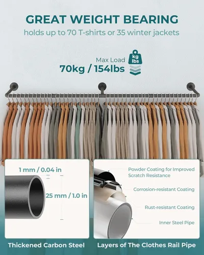 Vista 5 de OROPY Perchero de ropa, 166.9 cm de tubo industrial para colgar ropa, perchero de ropa montado en la pared, resistente y que ahorra espacio
